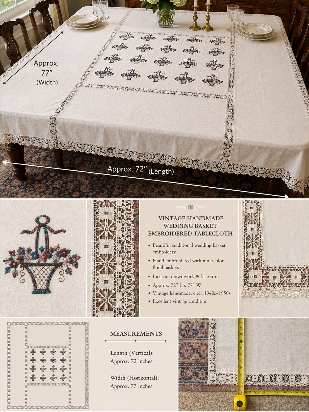 Vintage Wedding Basket Handmade Embroidered Linen Lace Tablecloth 72x77
